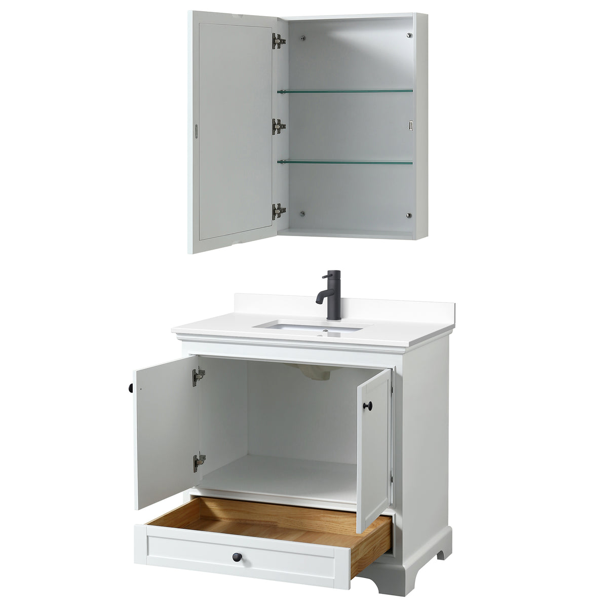 Deborah 36 Inch Single Bathroom Vanity in White White Cultured Marble Countertop Undermount Square Sink Matte Black Trim Medicine Cabinet