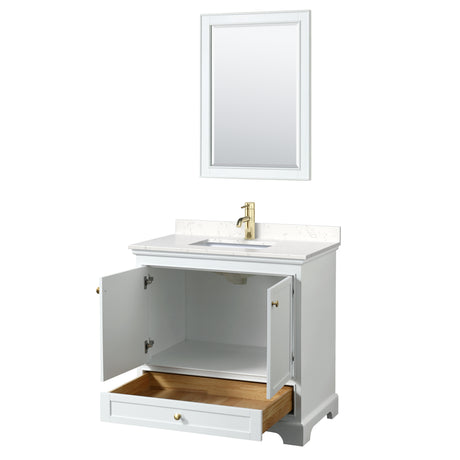 Deborah 36 Inch Single Bathroom Vanity in White Carrara Cultured Marble Countertop Undermount Square Sink Brushed Gold Trim 24 Inch Mirror