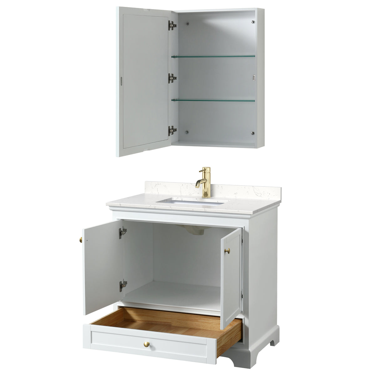 Deborah 36 Inch Single Bathroom Vanity in White Carrara Cultured Marble Countertop Undermount Square Sink Brushed Gold Trim Medicine Cabinet