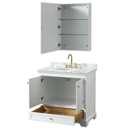 Deborah 36 Inch Single Bathroom Vanity in White White Carrara Marble Countertop Undermount Oval Sink Brushed Gold Trim Medicine Cabinet