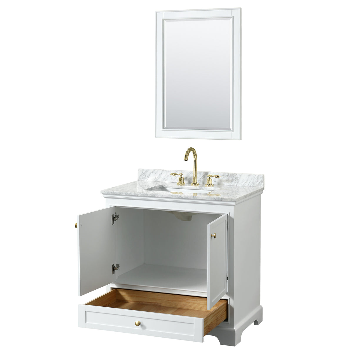 Deborah 36 Inch Single Bathroom Vanity in White White Carrara Marble Countertop Undermount Square Sink Brushed Gold Trim 24 Inch Mirror