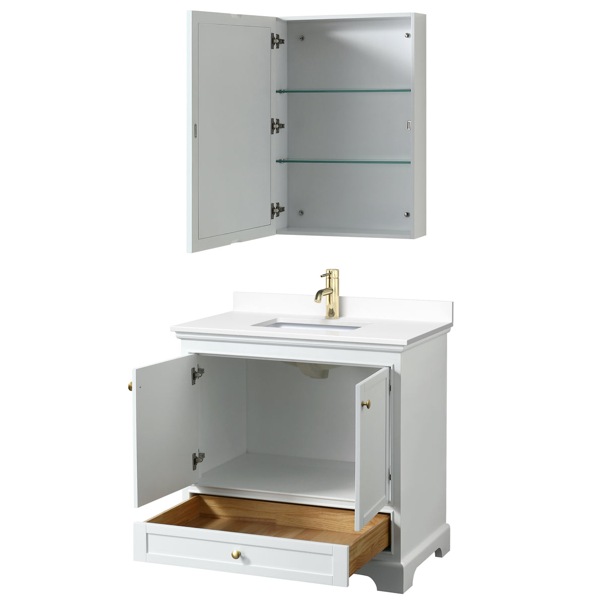 Deborah 36 Inch Single Bathroom Vanity in White White Cultured Marble Countertop Undermount Square Sink Brushed Gold Trim Medicine Cabinet