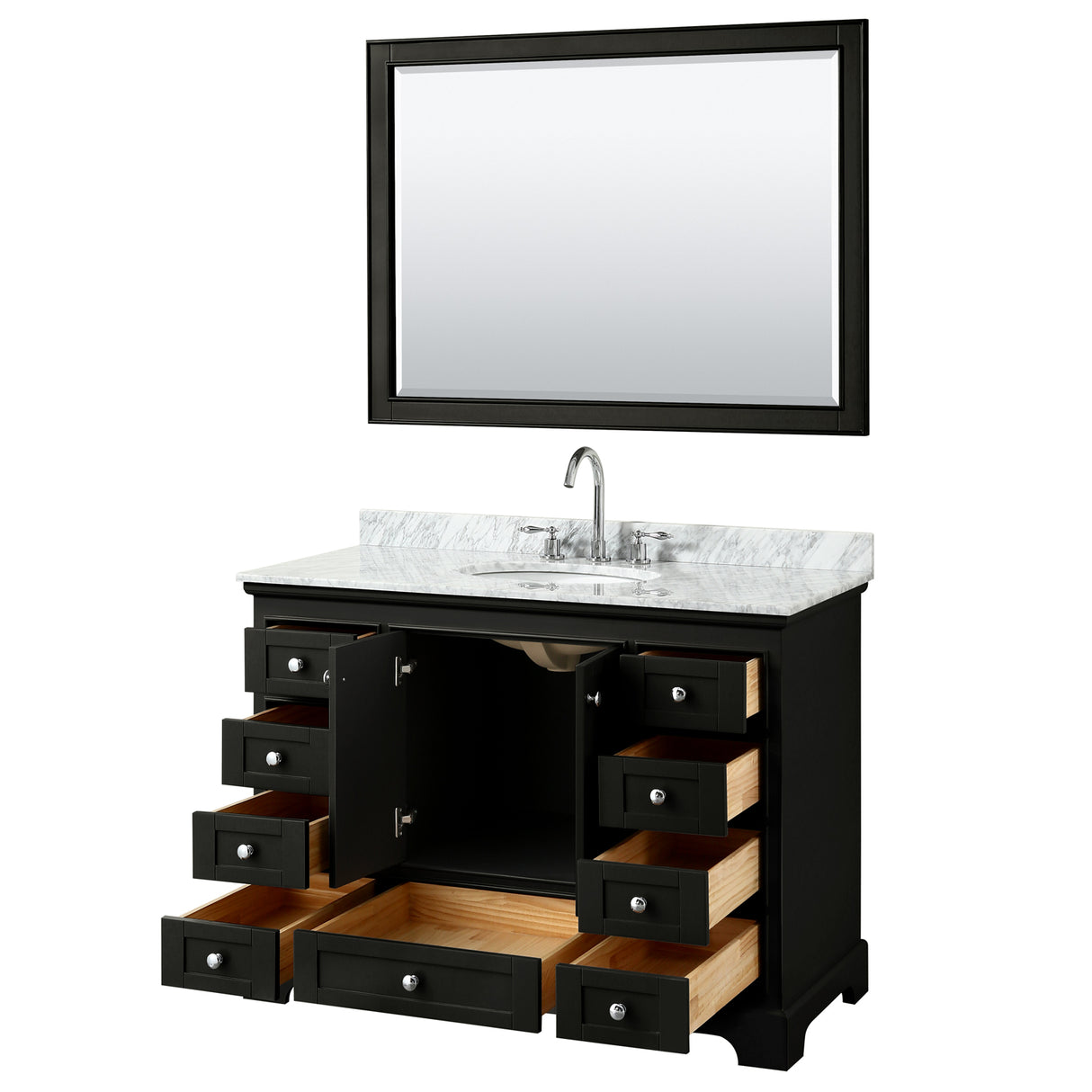 Deborah 48 Inch Single Bathroom Vanity in Dark Espresso White Carrara Marble Countertop Undermount Oval Sink and 46 Inch Mirror