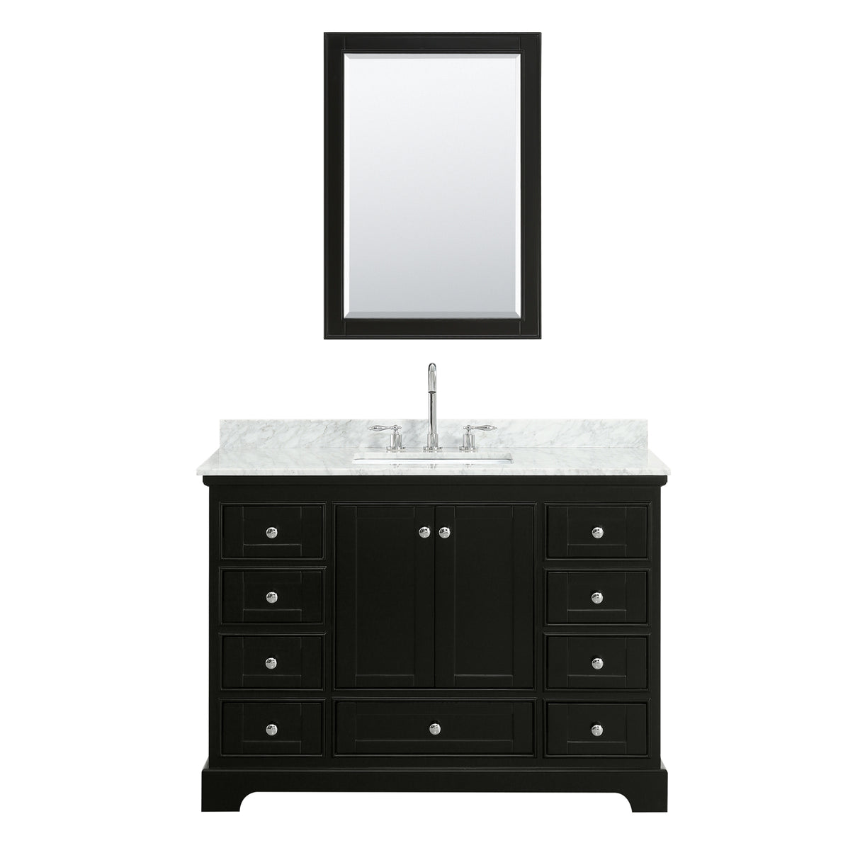 Deborah 48 Inch Single Bathroom Vanity in Dark Espresso White Carrara Marble Countertop Undermount Square Sink and Medicine Cabinet