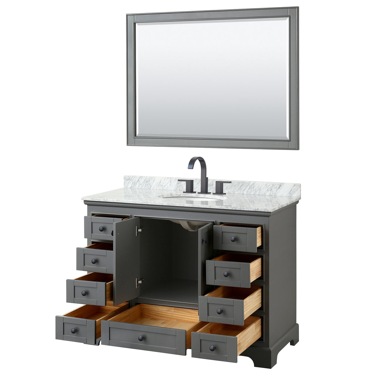 Deborah 48 Inch Single Bathroom Vanity in Dark Gray White Carrara Marble Countertop Undermount Oval Sink Matte Black Trim 46 Inch Mirror