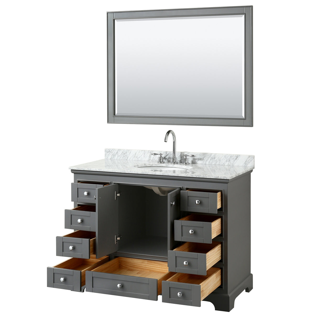 Deborah 48 Inch Single Bathroom Vanity in Dark Gray White Carrara Marble Countertop Undermount Oval Sink and 46 Inch Mirror