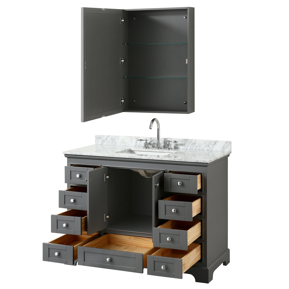 Deborah 48 Inch Single Bathroom Vanity in Dark Gray White Carrara Marble Countertop Undermount Square Sink and Medicine Cabinet