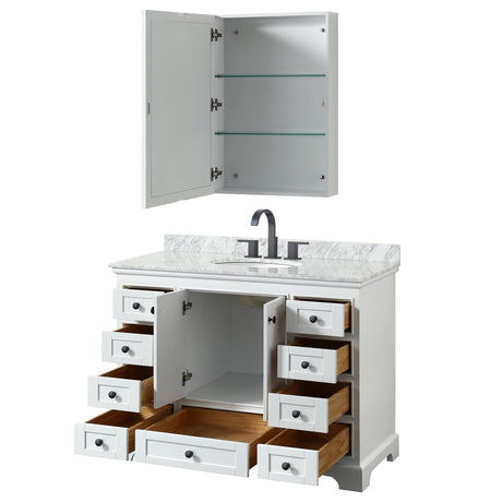 Deborah 48 Inch Single Bathroom Vanity in White White Carrara Marble Countertop Undermount Oval Sink Matte Black Trim Medicine Cabinet