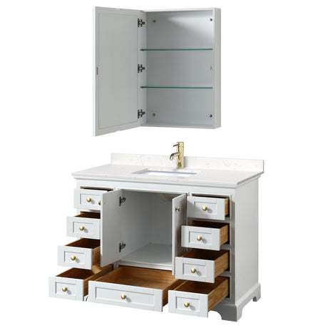 Deborah 48 Inch Single Bathroom Vanity in White Carrara Cultured Marble Countertop Undermount Square Sink Brushed Gold Trim Medicine Cabinet