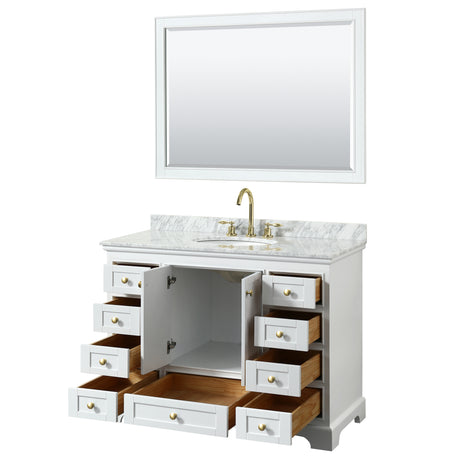 Deborah 48 Inch Single Bathroom Vanity in White White Carrara Marble Countertop Undermount Oval Sink Brushed Gold Trim 46 Inch Mirror