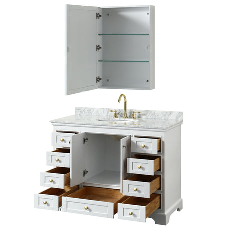 Deborah 48 Inch Single Bathroom Vanity in White White Carrara Marble Countertop Undermount Oval Sink Brushed Gold Trim Medicine Cabinet