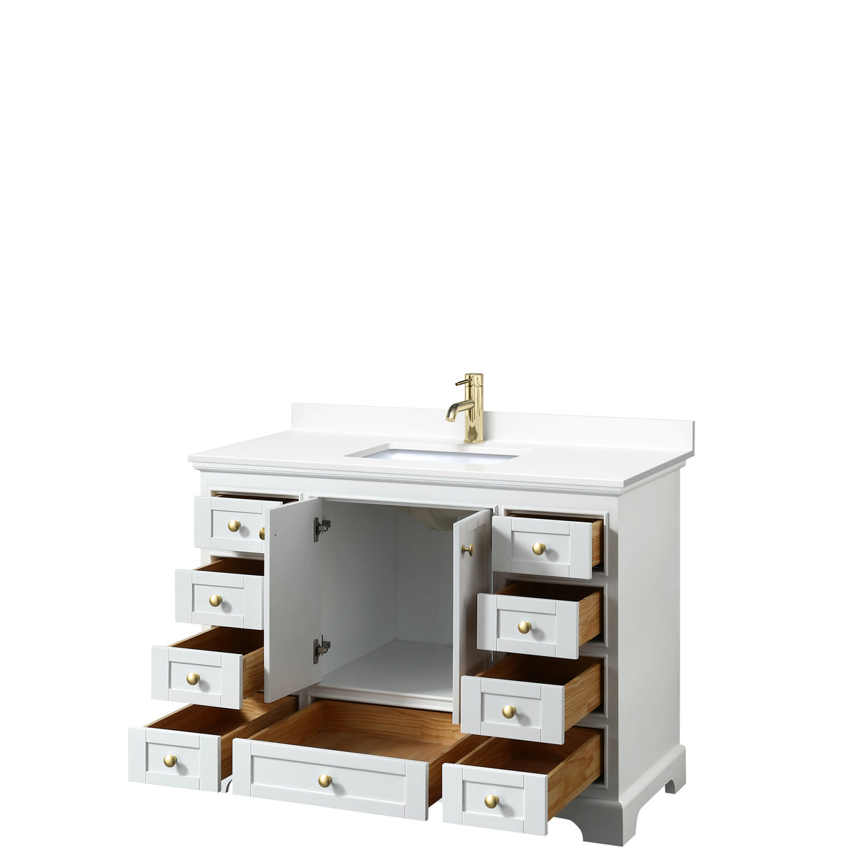 Deborah 48 Inch Single Bathroom Vanity in White White Cultured Marble Countertop Undermount Square Sink Brushed Gold Trim No Mirror
