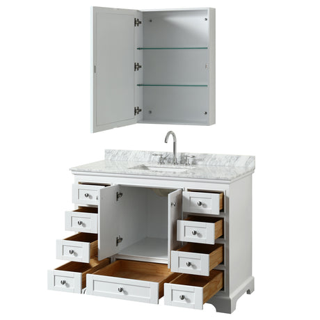 Deborah 48 Inch Single Bathroom Vanity in White White Carrara Marble Countertop Undermount Square Sink and Medicine Cabinet