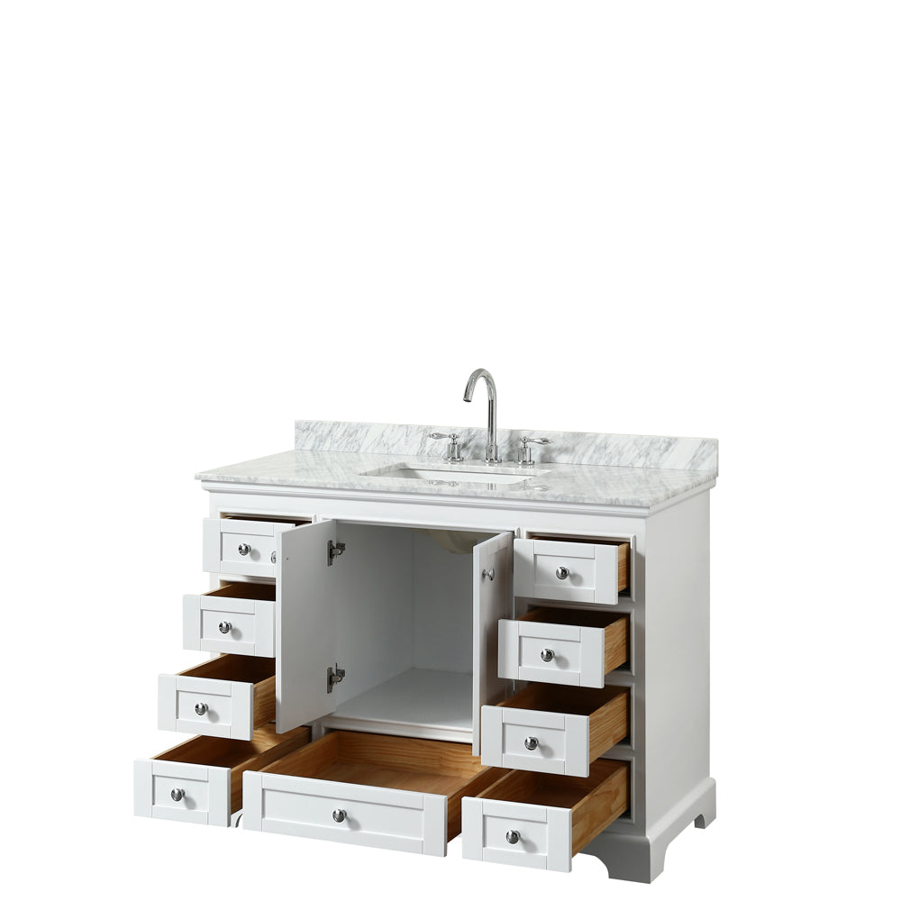 Deborah 48 Inch Single Bathroom Vanity in White White Carrara Marble Countertop Undermount Square Sink and No Mirror