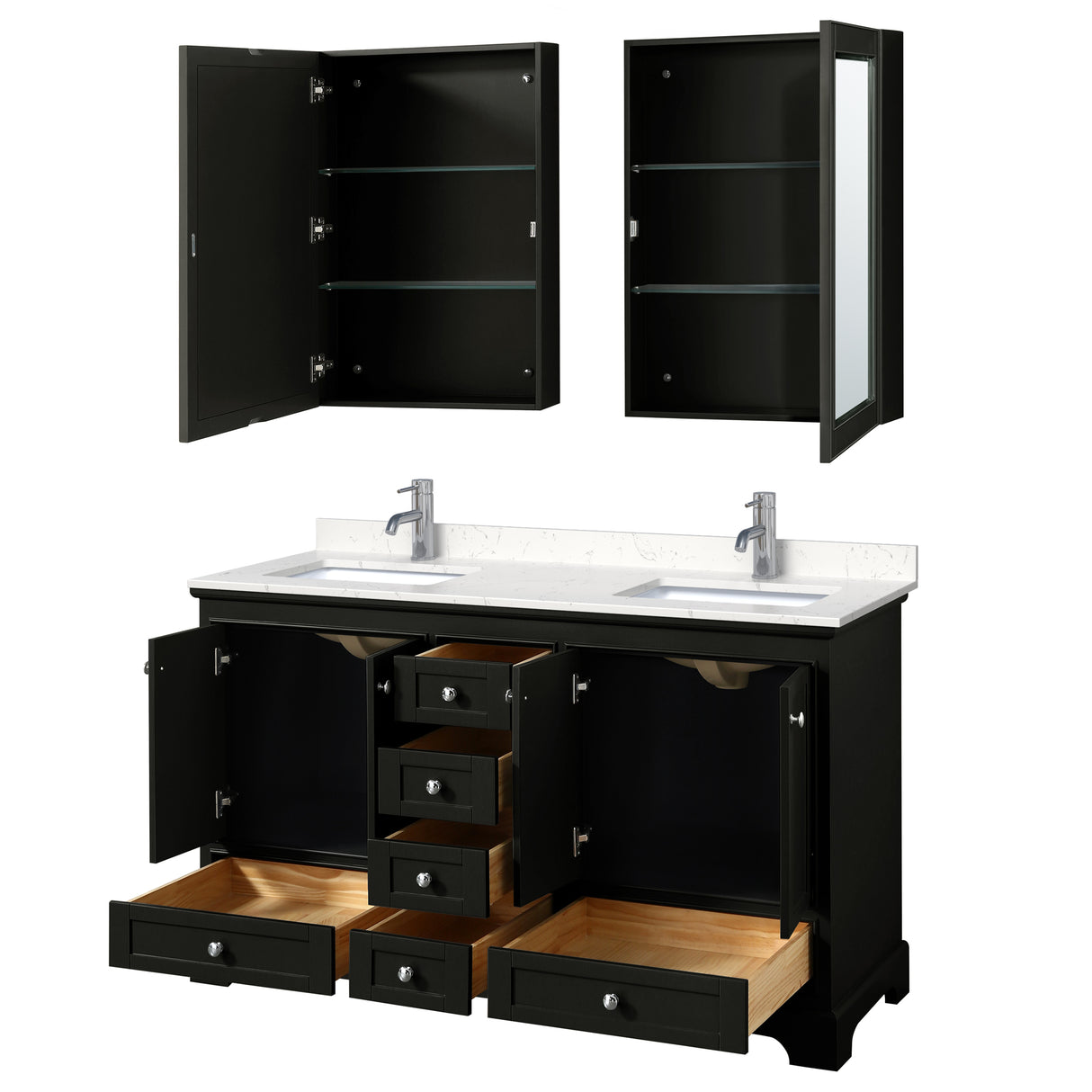 Deborah 60 Inch Double Bathroom Vanity in Dark Espresso Carrara Cultured Marble Countertop Undermount Square Sinks Medicine Cabinets