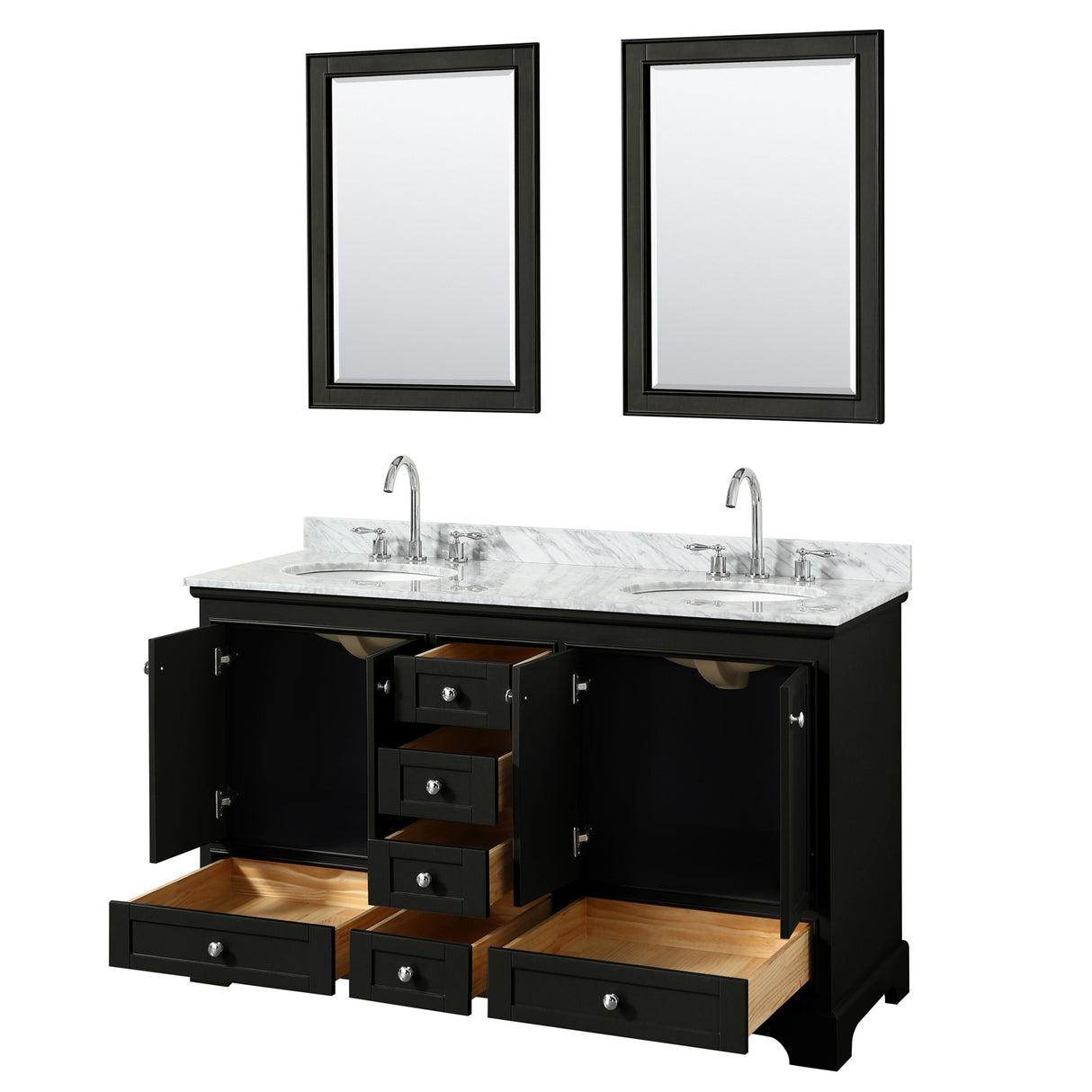 Deborah 60 Inch Double Bathroom Vanity in Dark Espresso White Carrara Marble Countertop Undermount Oval Sinks and 24 Inch Mirrors