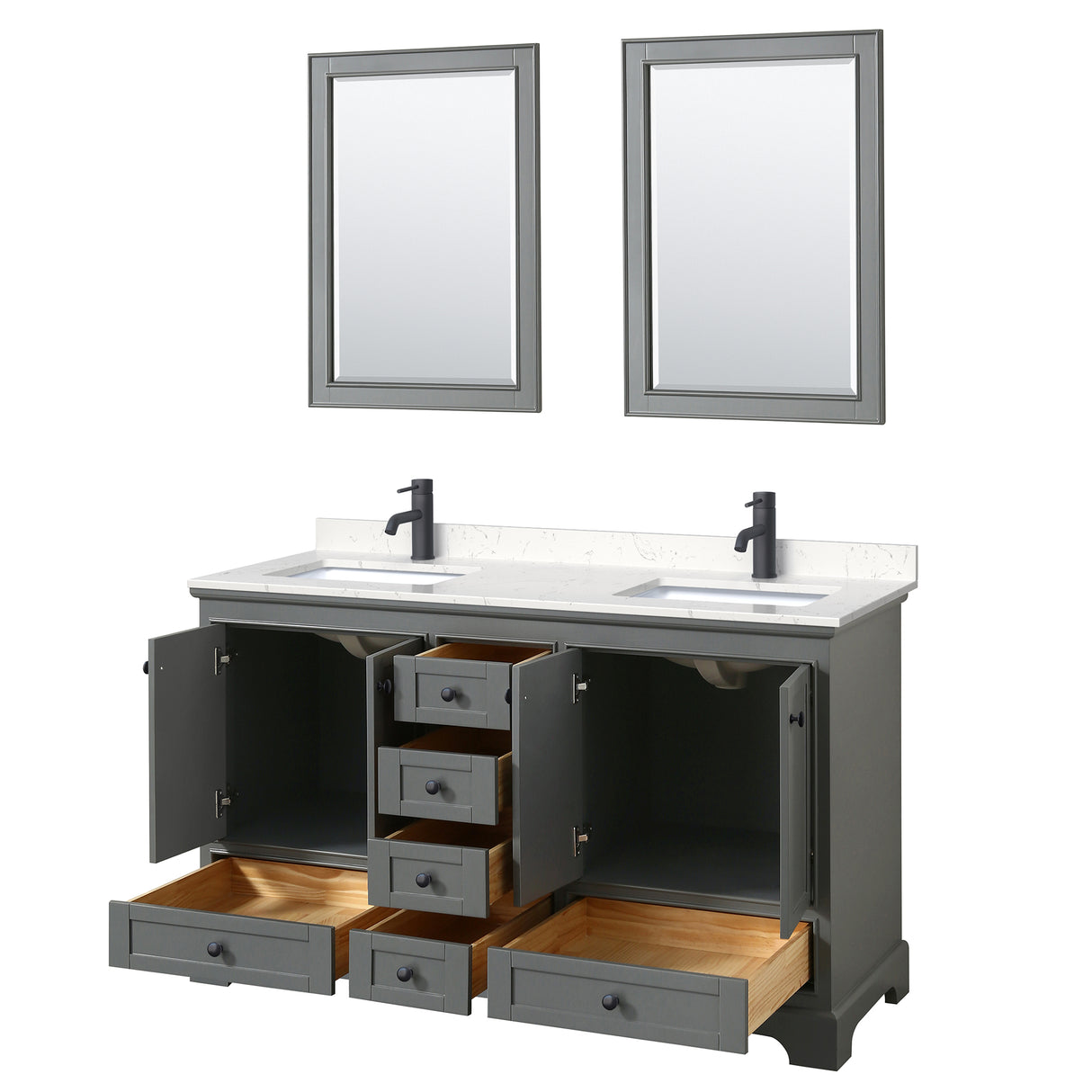 Deborah 60 Inch Double Bathroom Vanity in Dark Gray Carrara Cultured Marble Countertop Undermount Square Sinks Matte Black Trim 24 Inch Mirrors