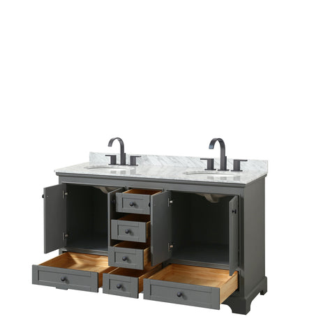 Deborah 60 Inch Double Bathroom Vanity in Dark Gray White Carrara Marble Countertop Undermount Oval Sinks Matte Black Trim