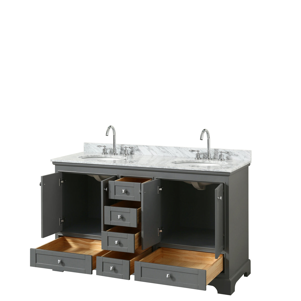 Deborah 60 Inch Double Bathroom Vanity in Dark Gray White Carrara Marble Countertop Undermount Oval Sinks and No Mirrors