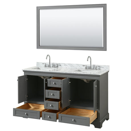 Deborah 60 Inch Double Bathroom Vanity in Dark Gray White Carrara Marble Countertop Undermount Square Sinks and 58 Inch Mirror