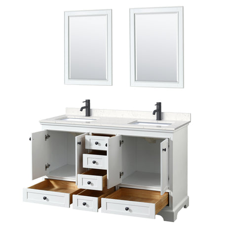 Deborah 60 Inch Double Bathroom Vanity in White Carrara Cultured Marble Countertop Undermount Square Sinks Matte Black Trim 24 Inch Mirrors