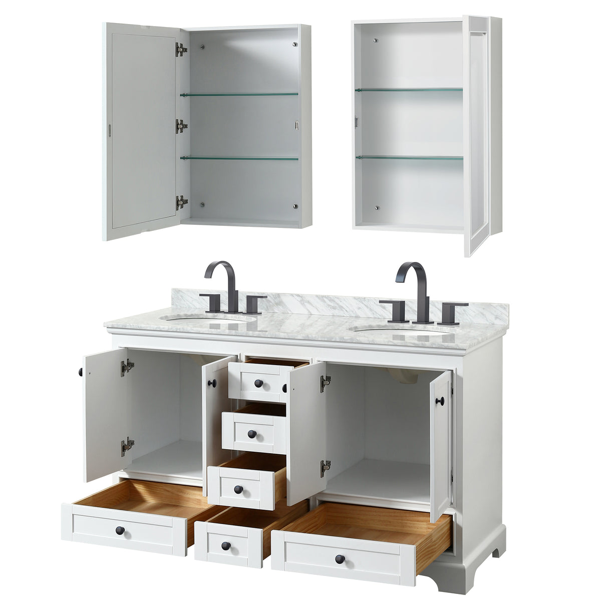 Deborah 60 Inch Double Bathroom Vanity in White White Carrara Marble Countertop Undermount Oval Sinks Matte Black Trim Medicine Cabinets
