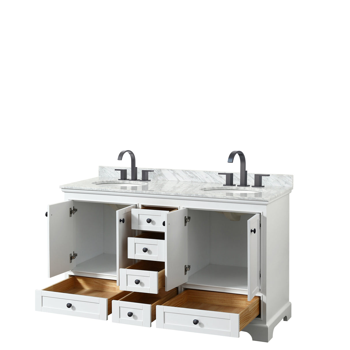 Deborah 60 Inch Double Bathroom Vanity in White White Carrara Marble Countertop Undermount Oval Sinks Matte Black Trim