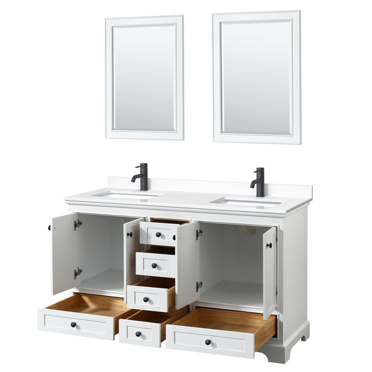 Deborah 60 Inch Double Bathroom Vanity in White White Cultured Marble Countertop Undermount Square Sinks Matte Black Trim 24 Inch Mirrors