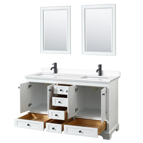 Deborah 60 Inch Double Bathroom Vanity in White White Cultured Marble Countertop Undermount Square Sinks Matte Black Trim 24 Inch Mirrors