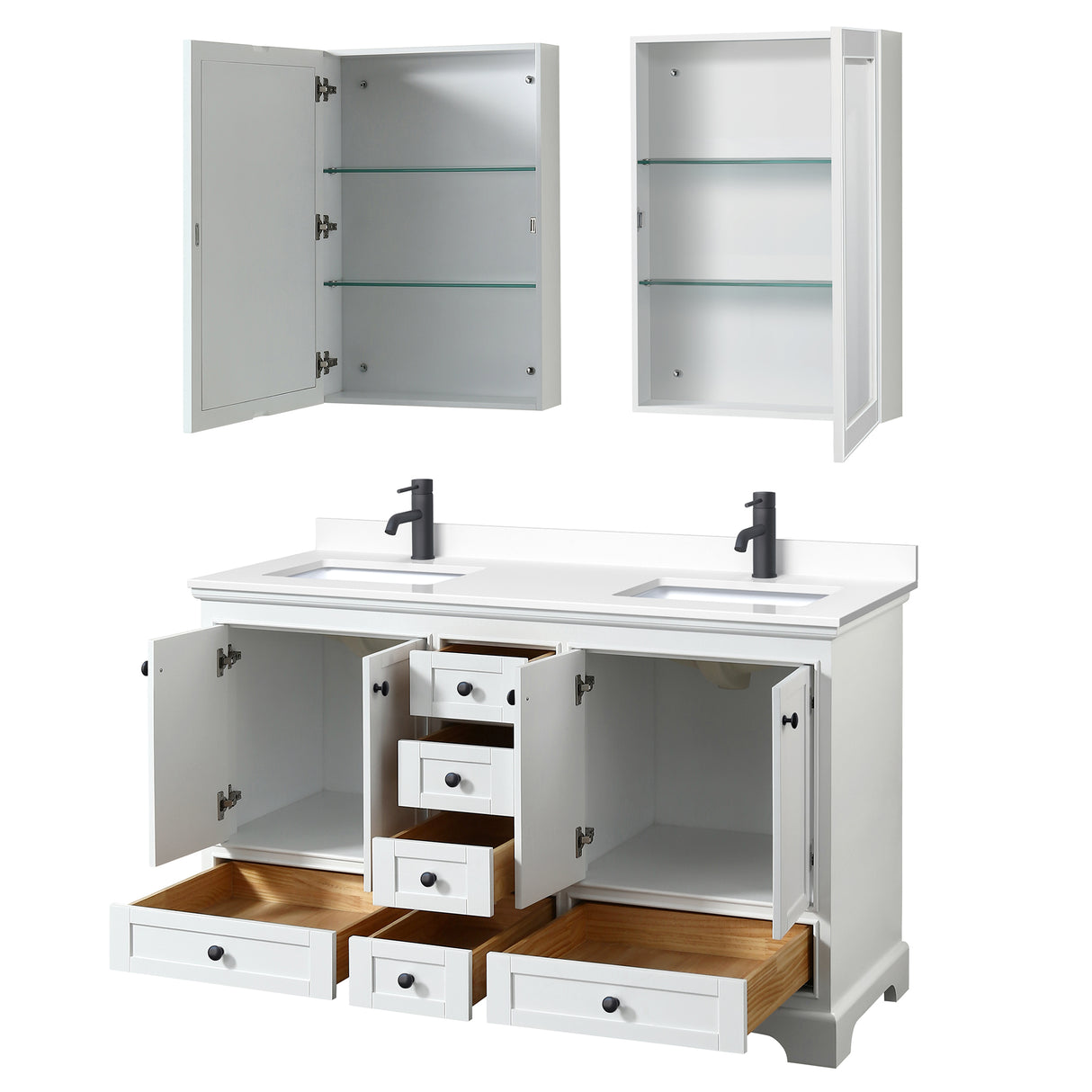 Deborah 60 Inch Double Bathroom Vanity in White White Cultured Marble Countertop Undermount Square Sinks Matte Black Trim Medicine Cabinets