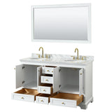 Deborah 60 Inch Double Bathroom Vanity in White White Carrara Marble Countertop Undermount Oval Sinks Brushed Gold Trim 58 Inch Mirror