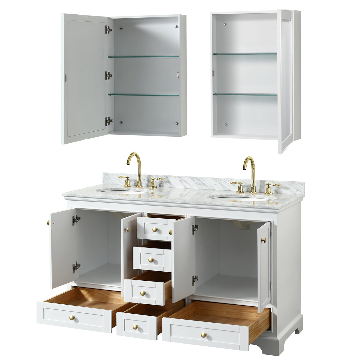 Deborah 60 Inch Double Bathroom Vanity in White White Carrara Marble Countertop Undermount Oval Sinks Brushed Gold Trim Medicine Cabinets
