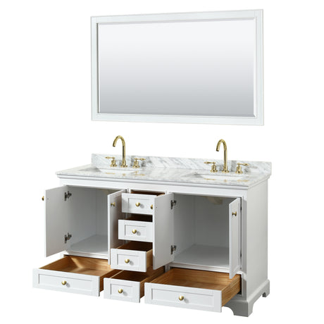 Deborah 60 Inch Double Bathroom Vanity in White White Carrara Marble Countertop Undermount Square Sinks Brushed Gold Trim 58 Inch Mirror