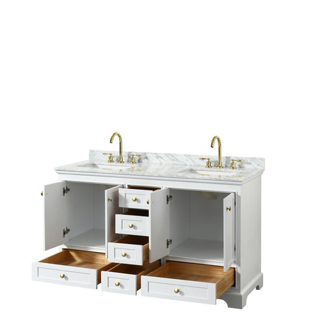 Deborah 60 Inch Double Bathroom Vanity in White White Carrara Marble Countertop Undermount Square Sinks Brushed Gold Trim No Mirror
