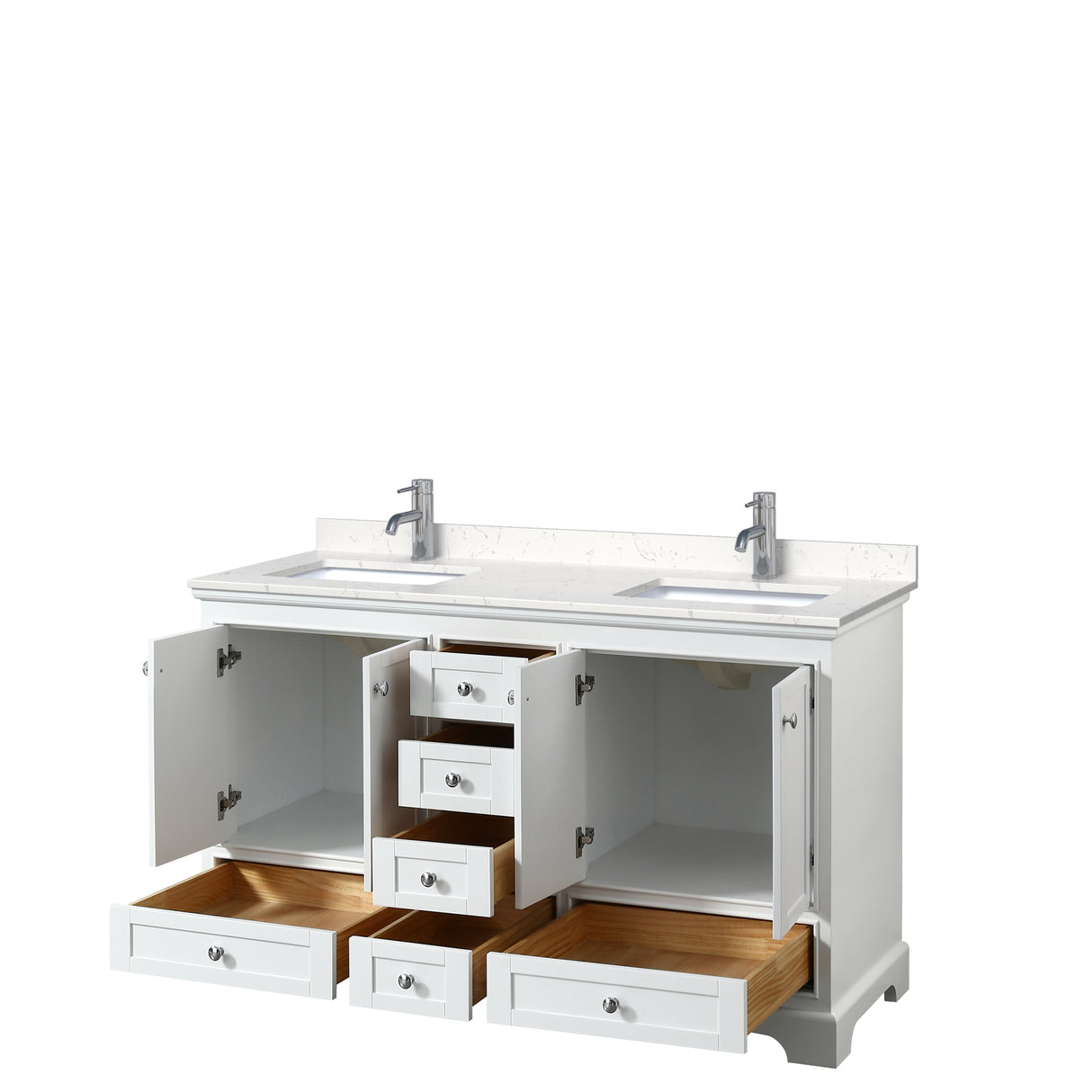 Deborah 60 Inch Double Bathroom Vanity in White Carrara Cultured Marble Countertop Undermount Square Sinks No Mirrors