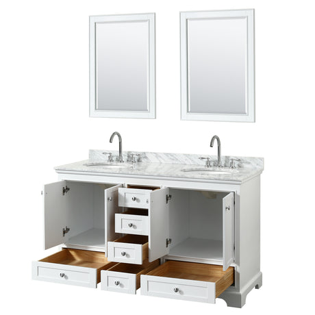 Deborah 60 Inch Double Bathroom Vanity in White White Carrara Marble Countertop Undermount Oval Sinks and 24 Inch Mirrors