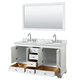 Deborah 60 Inch Double Bathroom Vanity in White White Carrara Marble Countertop Undermount Oval Sinks and 58 Inch Mirror