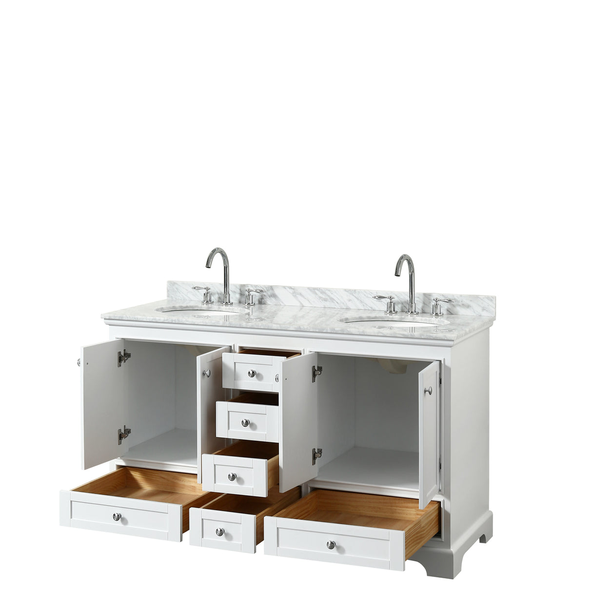 Deborah 60 Inch Double Bathroom Vanity in White White Carrara Marble Countertop Undermount Oval Sinks and No Mirrors