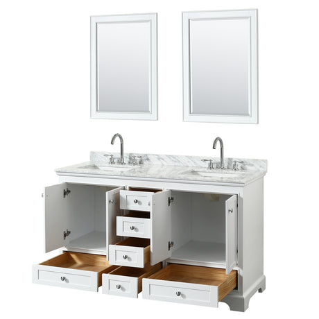 Deborah 60 Inch Double Bathroom Vanity in White White Carrara Marble Countertop Undermount Square Sinks and 24 Inch Mirrors