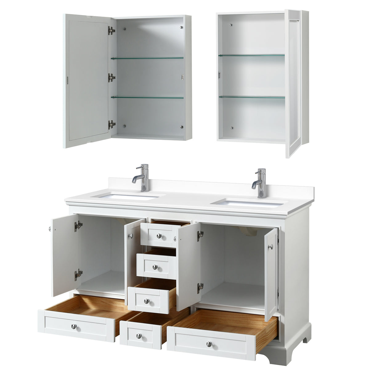 Deborah 60 Inch Double Bathroom Vanity in White White Cultured Marble Countertop Undermount Square Sinks Medicine Cabinets