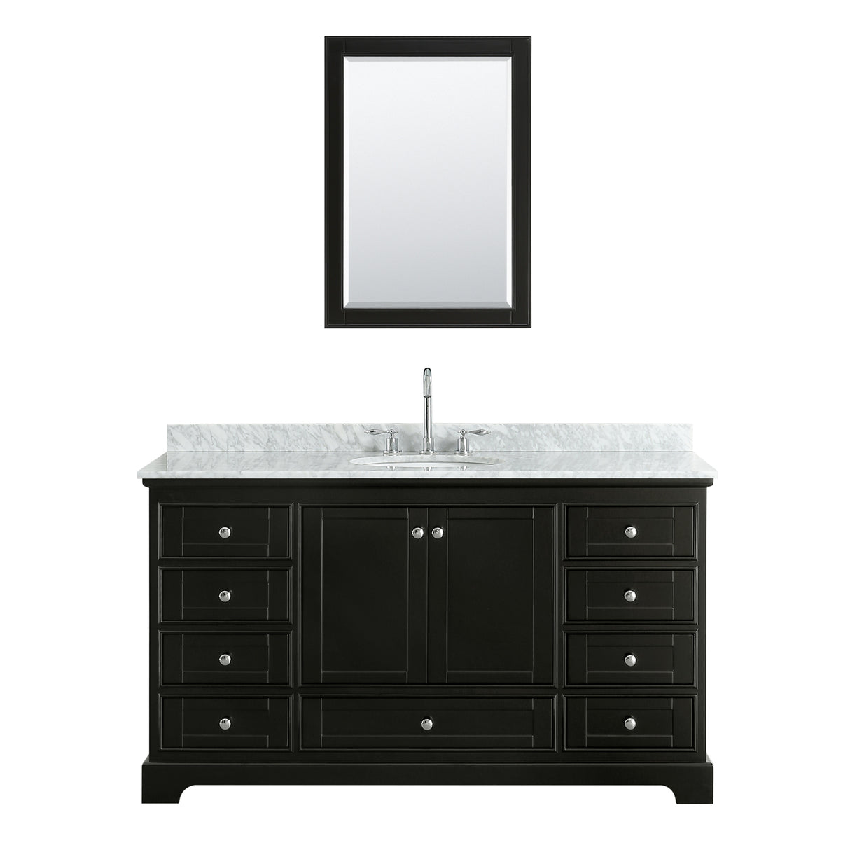 Deborah 60 Inch Single Bathroom Vanity in Dark Espresso White Carrara Marble Countertop Undermount Oval Sink and Medicine Cabinet