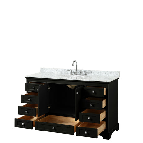 Deborah 60 Inch Single Bathroom Vanity in Dark Espresso White Carrara Marble Countertop Undermount Oval Sink and No Mirror