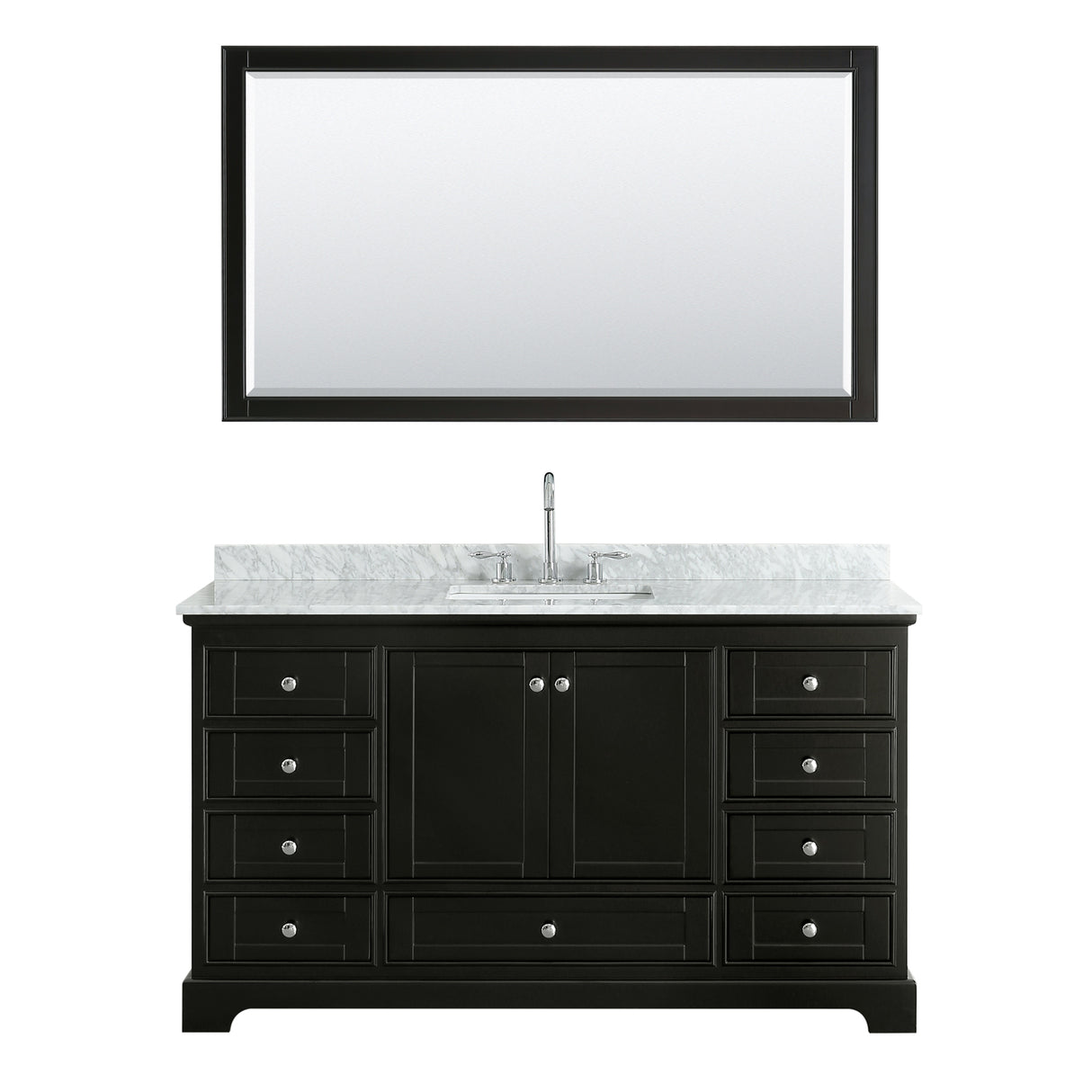 Deborah 60 Inch Single Bathroom Vanity in Dark Espresso White Carrara Marble Countertop Undermount Square Sink and 58 Inch Mirror