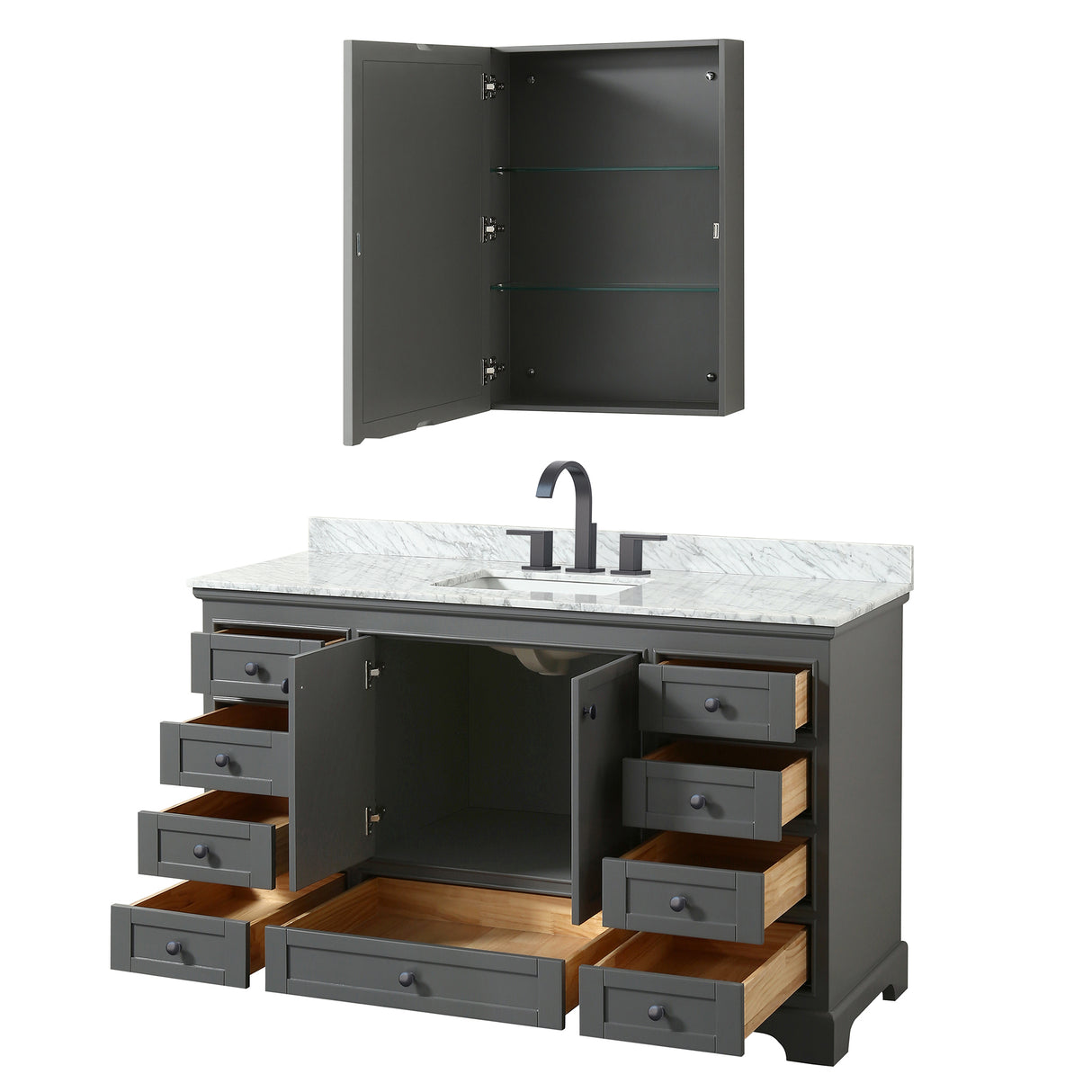Deborah 60 Inch Single Bathroom Vanity in Dark Gray White Carrara Marble Countertop Undermount Square Sink Matte Black Trim Medicine Cabinet