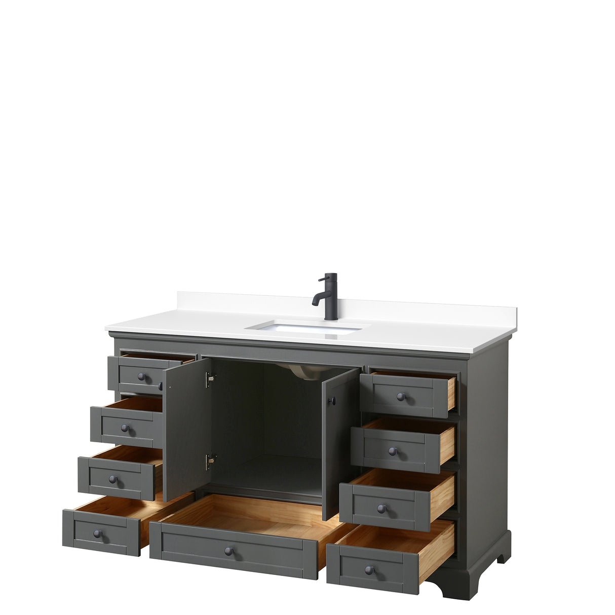 Deborah 60 Inch Single Bathroom Vanity in Dark Gray White Cultured Marble Countertop Undermount Square Sink Matte Black Trim