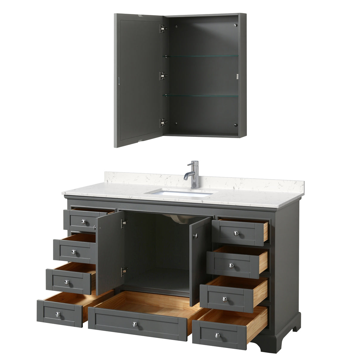 Deborah 60 Inch Single Bathroom Vanity in Dark Gray Carrara Cultured Marble Countertop Undermount Square Sink Medicine Cabinet