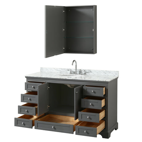 Deborah 60 Inch Single Bathroom Vanity in Dark Gray White Carrara Marble Countertop Undermount Oval Sink and Medicine Cabinet