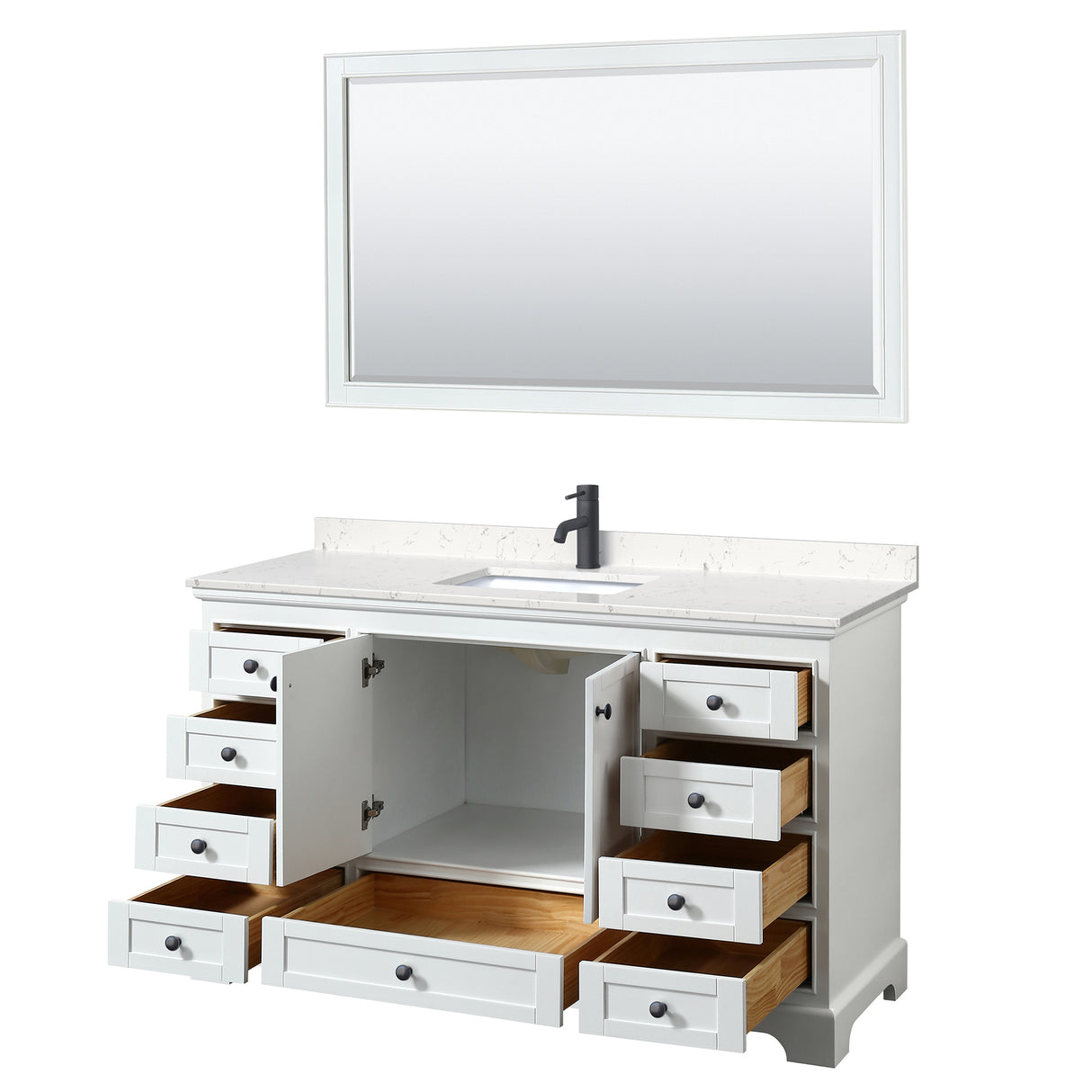 Deborah 60 Inch Single Bathroom Vanity in White Carrara Cultured Marble Countertop Undermount Square Sink Matte Black Trim 58 Inch Mirror
