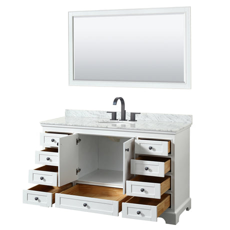 Deborah 60 Inch Single Bathroom Vanity in White White Carrara Marble Countertop Undermount Oval Sink Matte Black Trim 58 Inch Mirror