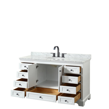 Deborah 60 Inch Single Bathroom Vanity in White White Carrara Marble Countertop Undermount Oval Sink Matte Black Trim